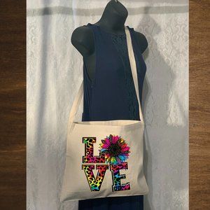 LOVE Sunflower Cotton Canvas Crossbody Messenger Tote Bag with Long Strap